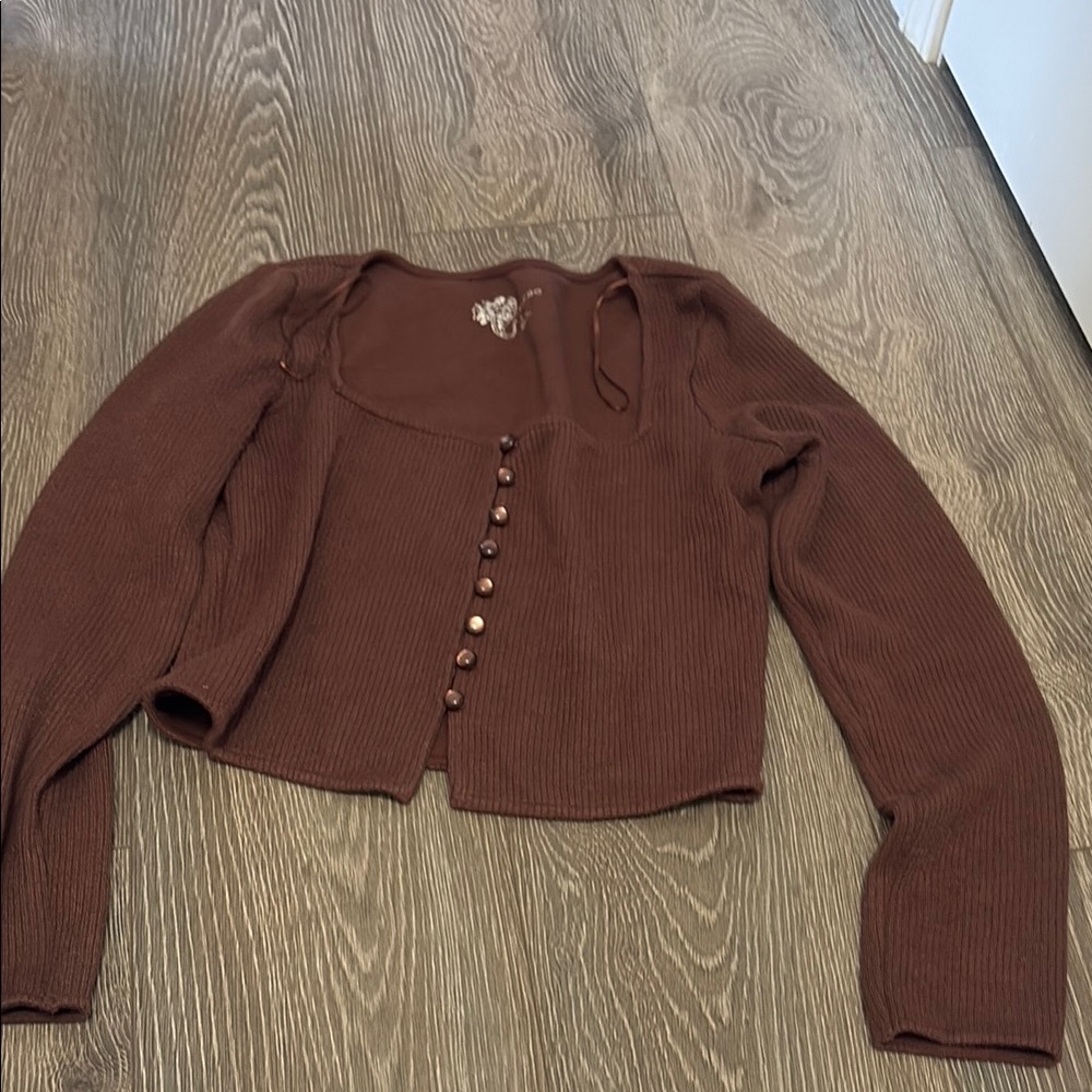 Brown Button-Up Cropped Sweater Top